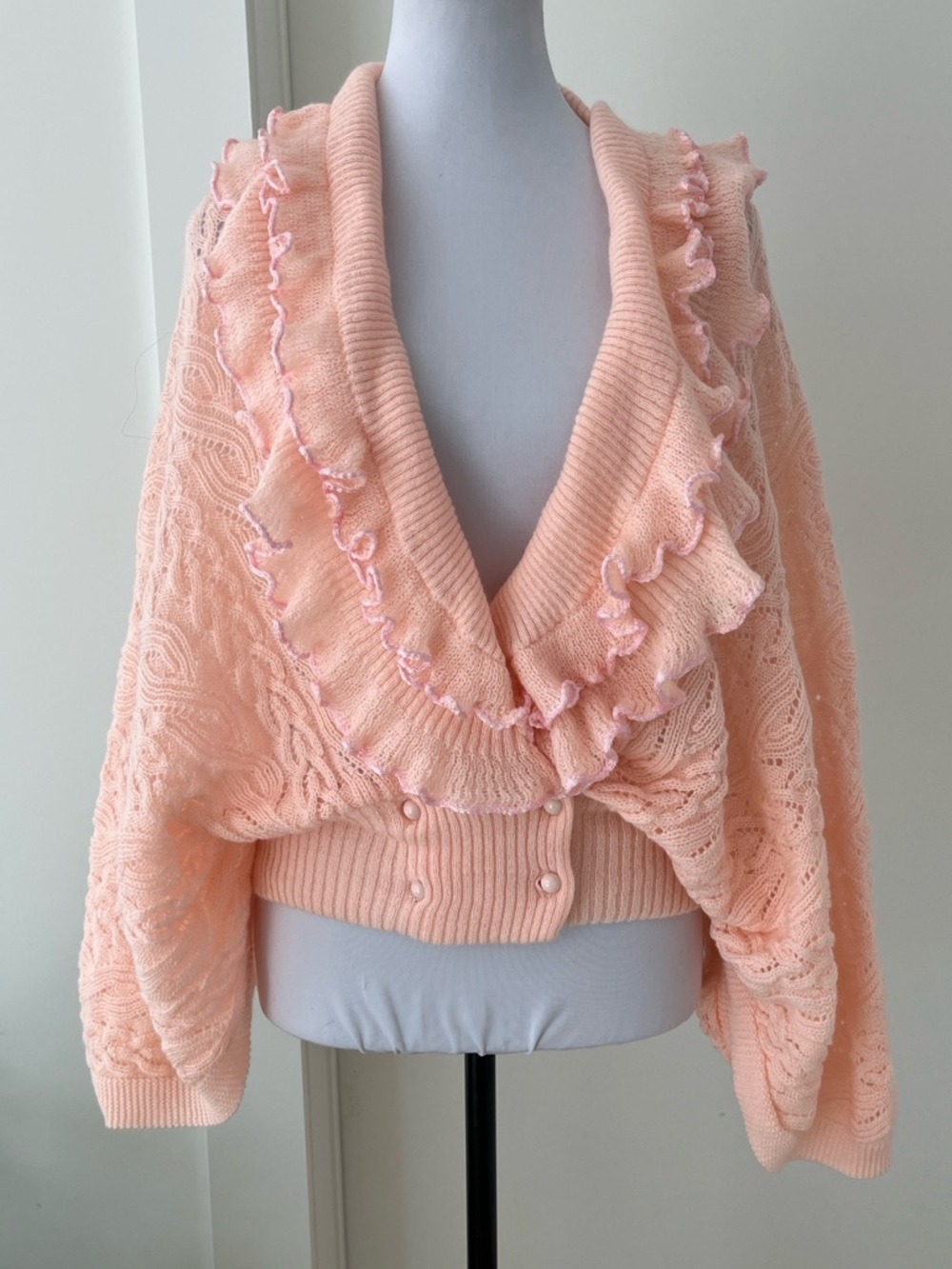 VINTAGE Eaton Batwing Lacy Cable Knit Cardigan Ruffles Feminine Romantic 70's